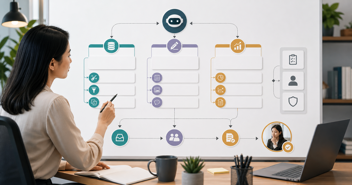 Editorial AI marketing operations workflow scene for AI 行銷助理可以做什麼, showing team handoff cards, knowledge-base assets, task paths, and human review checkpoints