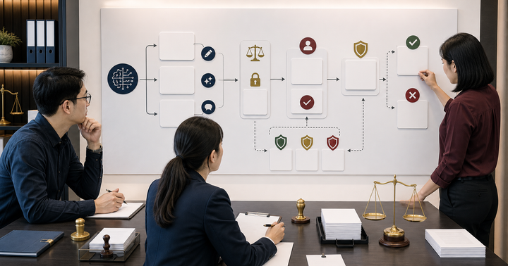 Editorial AI marketing risk-control workflow scene for AI 行銷揭露與審稿怎麼做, showing privacy controls, claim review cards, approval gates, and audit checkpoints