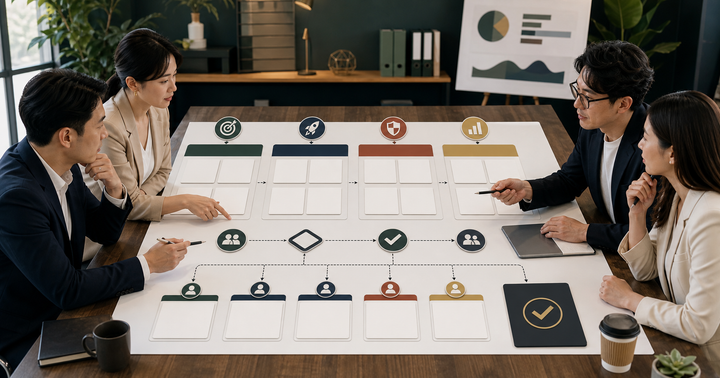 Editorial AI marketing operations workflow scene for AI 行銷內部提案怎麼寫, showing team handoff cards, knowledge-base assets, task paths, and human review checkpoints
