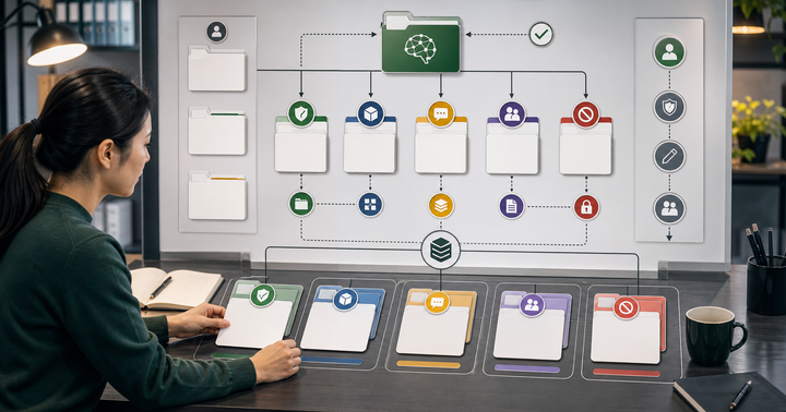 Editorial AI marketing operations workflow scene for AI 行銷知識庫怎麼建, showing team handoff cards, knowledge-base assets, task paths, and human review checkpoints