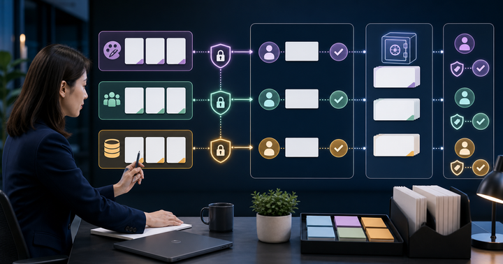 Editorial AI marketing risk-control workflow scene for AI 行銷提示詞權限怎麼管, showing privacy controls, claim review cards, approval gates, and audit checkpoints