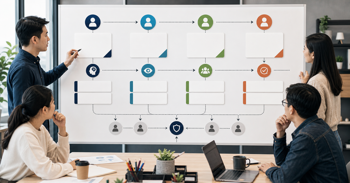 Editorial AI marketing operations workflow scene for AI 行銷團隊分工怎麼改, showing team handoff cards, knowledge-base assets, task paths, and human review checkpoints