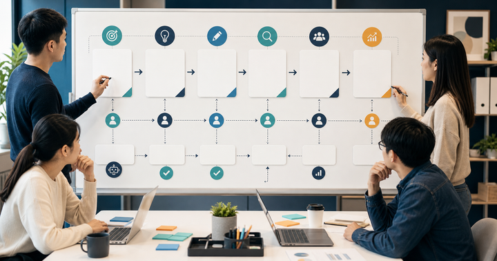 Editorial AI marketing operations workflow scene for AI 行銷工作流怎麼設計, showing team handoff cards, knowledge-base assets, task paths, and human review checkpoints