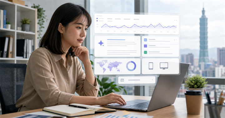 台灣中小企業行銷人員在辦公室查看 Search Console 生成式 AI 曝光、頁面與查詢報表