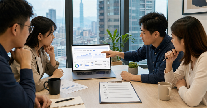 台灣中小企業團隊在會議桌前檢查 Search Console AI 報表設定、篩選條件與人工審核清單