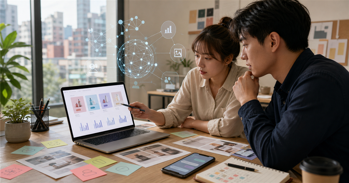 台灣中小企業團隊在辦公桌前檢視 AI 廣告素材版本與抽象成效圖表