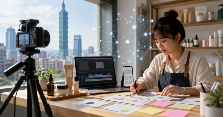 台北中小企業工作室中，經營者用 AI 輔助整理短影音腳本、商品樣品與拍攝分鏡