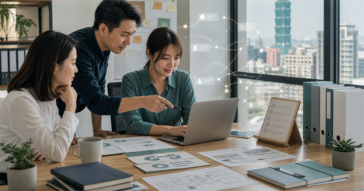 台北辦公室中小企業團隊整理客服知識庫與AI回覆流程的工作場景