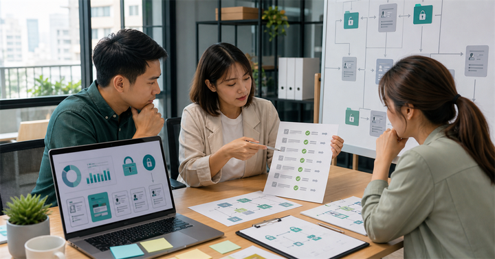 台灣中小企業行銷團隊在會議桌前檢查匿名客戶資料與 AI 使用核准流程