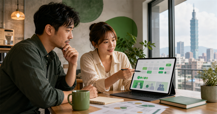 台灣中小企業團隊在台北辦公室檢查 LINE 推播分眾與訊息排程