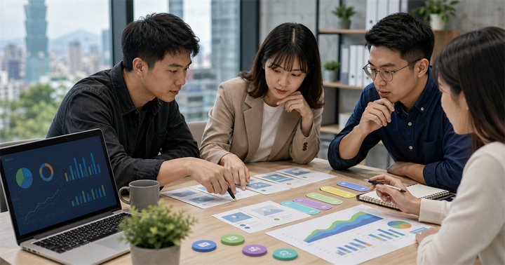 台北中小企業團隊在桌上檢查行銷來源卡片、網址標籤與月報圖表