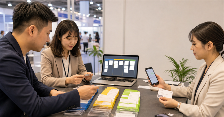 台灣中小企業團隊在展後整理名片、CRM 看板與手機訊息，規劃展覽名單跟進