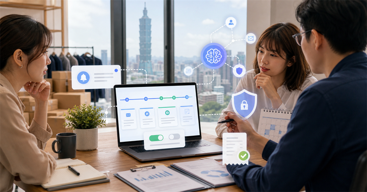 台北電商團隊在筆電前檢查訂閱續約流程、通知節點與 AI 稽核提示
