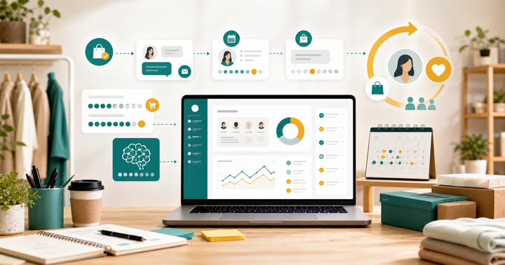 台灣中小企業行銷工作桌上呈現 CRM 客戶分群、回購節奏與 AI 跟進提示的抽象儀表板