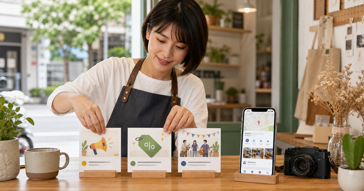 台灣小店店主在店內桌面整理三張商家貼文卡片，旁邊有顯示 Google 商家檔案介面的手機與相機。
