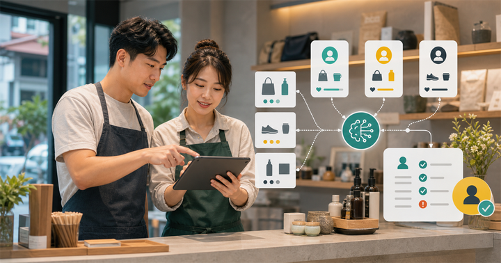 台灣門市團隊查看平板上的抽象顧客偏好卡片與 AI 導購審核流程