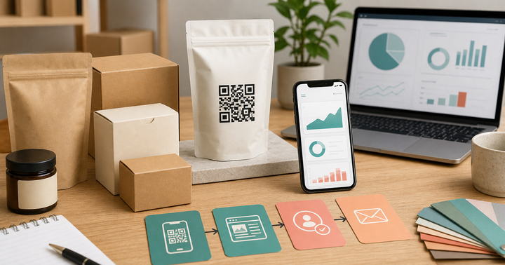 商品包裝桌面上有 QR Code 標籤、手機分析圖表與行銷流程卡片