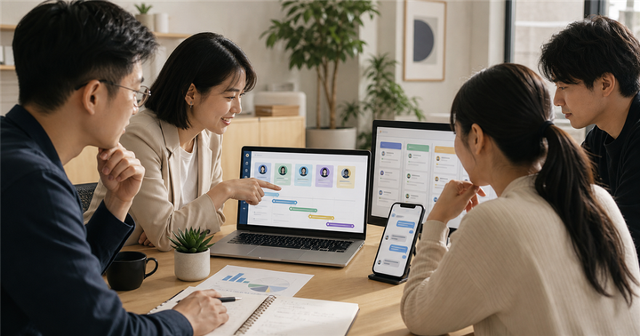 台灣中小企業團隊在桌面上檢視 Webinar 會後名單、聊天訊息與 CRM 跟進流程