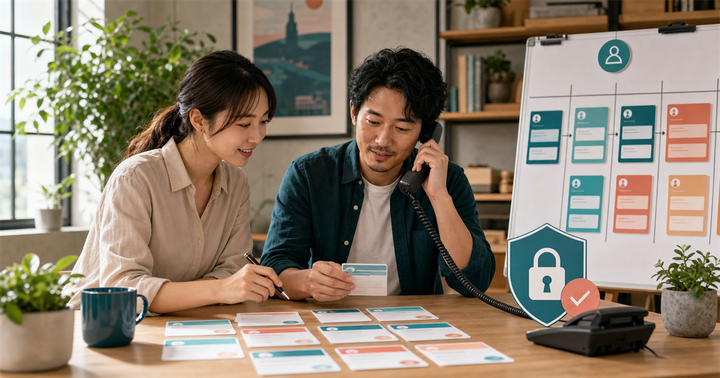 台灣中小企業團隊在桌上檢視匿名銷售電話逐字稿、CRM 看板與隱私盾牌圖示