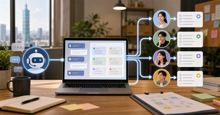 辦公桌上的客服對話卡片被箭頭分流到 AI、真人客服、產品、業務與行銷責任欄位