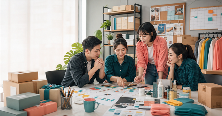 台灣中小企業團隊在桌上檢視週年慶商品、庫存箱、行銷圖表與活動排程。