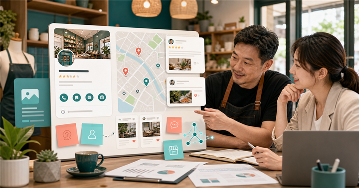 台灣店家與行銷人員檢視商家檔案貼文、地圖標記與顧客問題卡片的工作桌