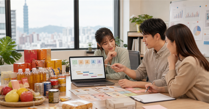 台北辦公桌上擺著普渡供品與行銷分眾儀表板，團隊正在規劃中元節行銷活動