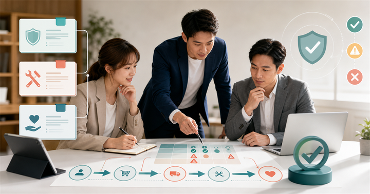 台灣中小企業團隊檢查服務保證流程卡、風險標記與核准節點的辦公桌場景
