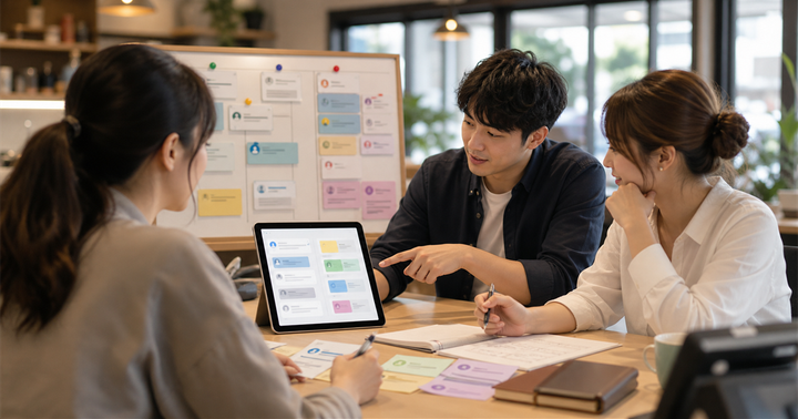台灣中小企業服務櫃台在交接班時檢查客服訊息、任務卡與 AI 摘要看板