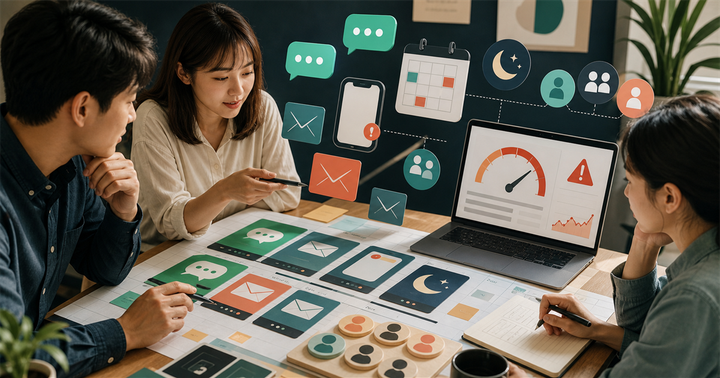 台灣中小企業團隊在桌面上檢查 LINE、Email、簡訊與行事曆訊息控頻規則