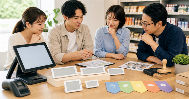 台灣零售團隊在桌面檢查電子價卡、POS 庫存卡與 AI 審核流程的工作場景