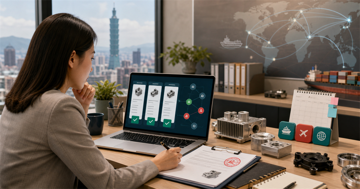 台灣 B2B 業務人員在筆電前檢查 RFQ 報價卡、產品零件與海外出貨節點