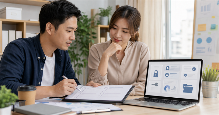 台灣中小企業團隊在辦公桌前檢查行銷帳號權限與交接清單