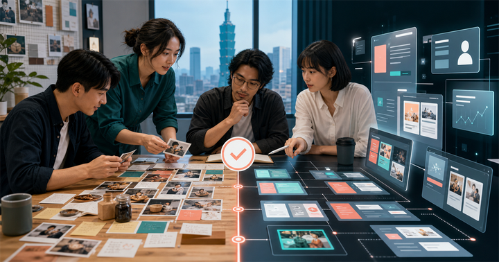 台灣中小企業團隊在桌上整理客戶訪談卡與 AI 草稿審核流程