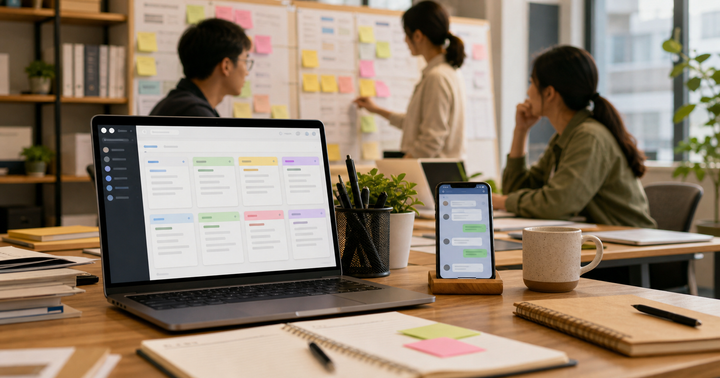 Desk scene with a laptop showing categorized customer-service reply cards, a phone chat screen, and a handwritten workflow board for a Taiwan SME support team.