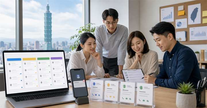 台北辦公室團隊檢查廣告名單狀態與跟進清單的工作畫面
