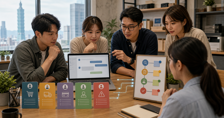 台灣中小企業團隊在辦公桌前檢查 AI 客服代理測試情境卡與核准流程