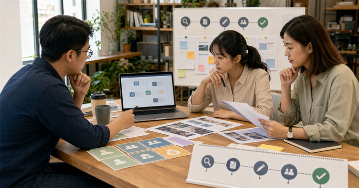 台灣行銷團隊在會議桌前檢查 AI agent 工作流、素材草稿與核准節點