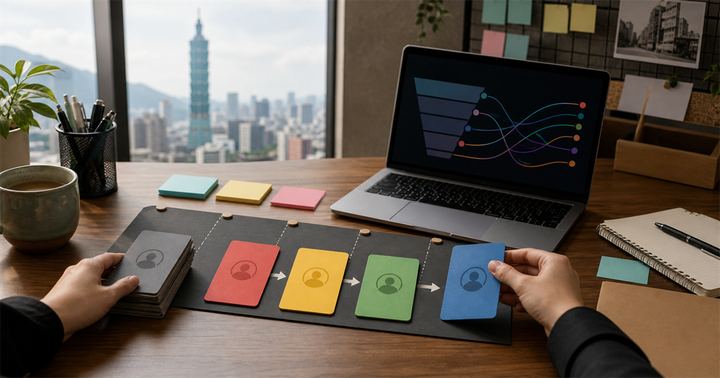 台灣中小企業桌面上以彩色 CRM 卡片整理失單原因與回訪流程