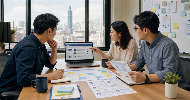 台灣B2B中小企業團隊在辦公室檢查LinkedIn電子報內容行事曆與名單卡片