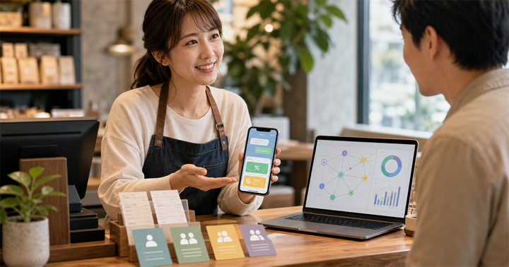 台灣店家在櫃台用手機優惠券與分析看板檢查顧客回購流程