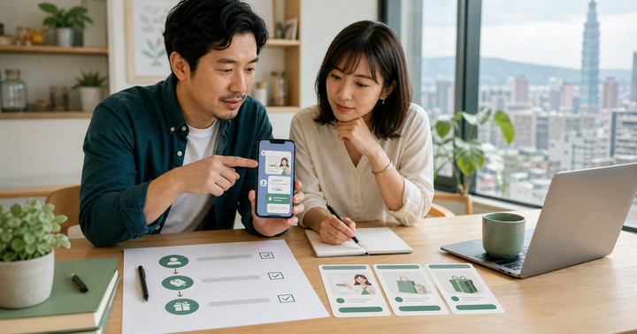 台灣中小企業老闆與行銷人員在辦公桌前查看手機上的新好友歡迎訊息流程，桌上擺著三步驟檢查表與訊息卡片。