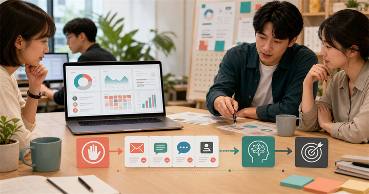 台灣中小企業行銷團隊檢視退訂訊號與 AI 留存儀表板的工作場景