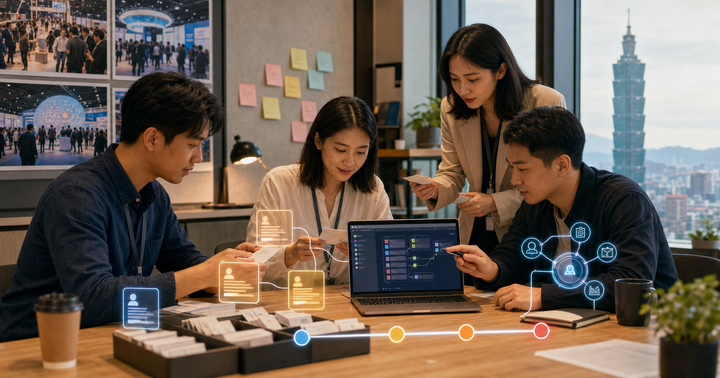 台灣 B2B 團隊在展會後整理名片、CRM 名單與 AI 分級流程的工作場景