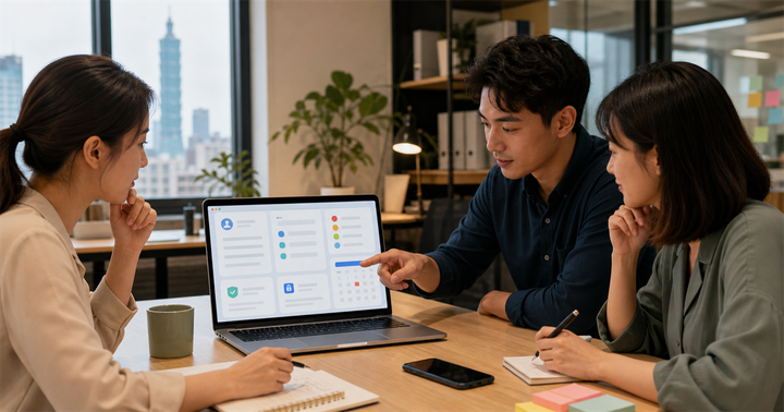 台灣服務業團隊在筆電前檢視 AI 諮詢前問卷、名單分流與隱私檢查的工作場景