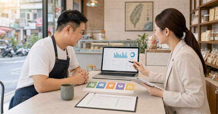 台灣服務業店家與行銷人員在櫃台前檢視 AI 升級與行銷 KPI 計畫