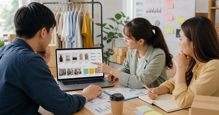 台灣電商團隊在辦公桌前檢查商品廣告版位、預算與毛利卡片