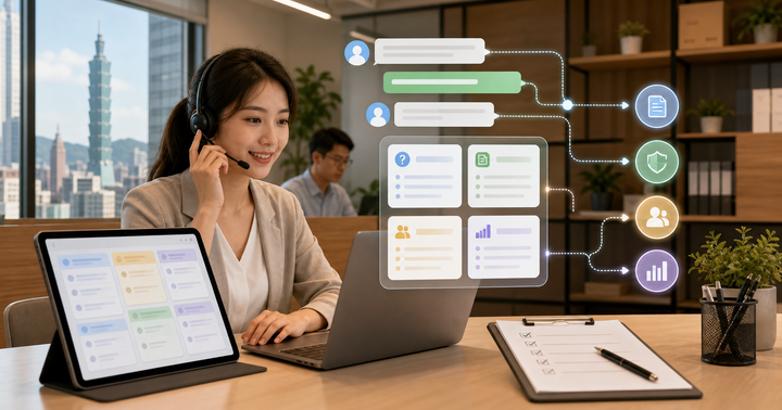 台北中小企業客服桌面以 AI 路由線串起 FAQ、政策、轉人工與分析節點