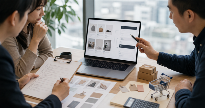 台灣電商團隊在桌前檢查 Shopify 折扣規則、結帳流程與遷移清單的工作情境