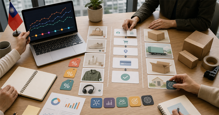 台灣電商團隊在桌上對照 Shopify 分析時間線、商品卡、折扣標籤與出貨流程